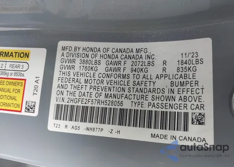 2024 Honda Civic Sport из США, поврежденный, VIN 2HGFE2F57RH528056